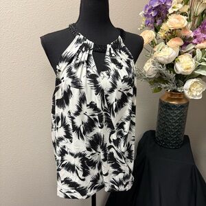 Alfani Black White Halter Top Beaded Neckline Floral Print Size 12 Sleeveless
